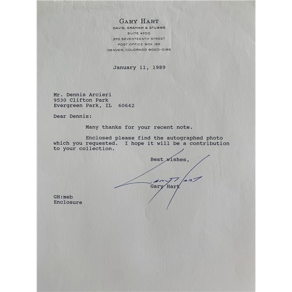 Congressman Gary Hart Signed Note