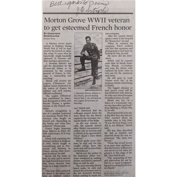 Battle of The Bulge Soldier Ron Sitrick signed newspaper article