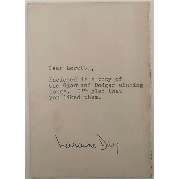 Laraine Day signed photo note