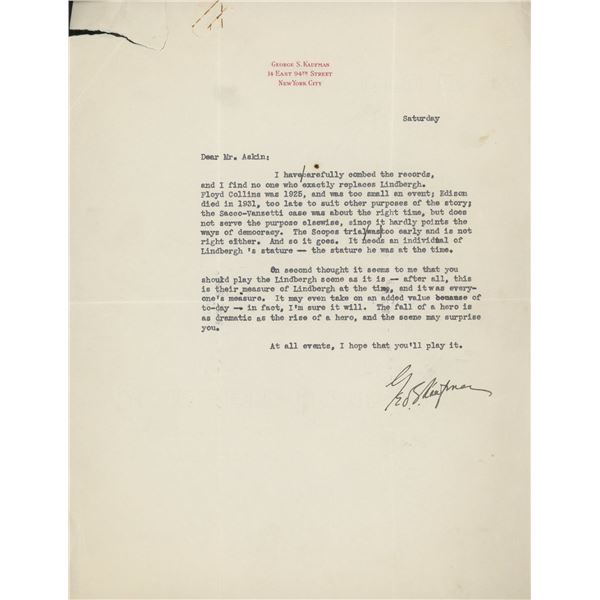 George S. Kaufman signed letter