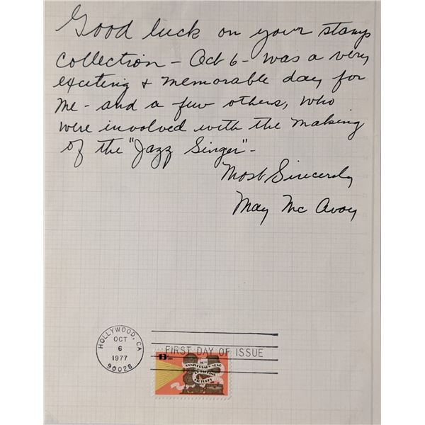May McAvoy Signed Hand Written Note on First Day Cover