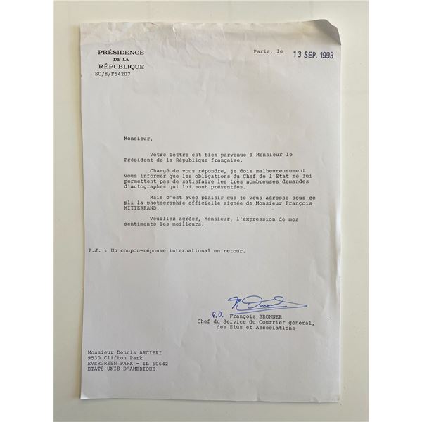 French President FranÃ§ois Mitterrand  press office signed 1993 letter