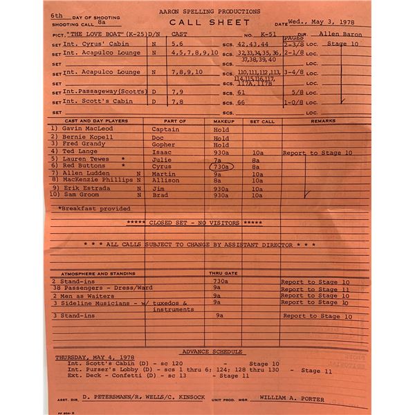 The Love Boat unsigned call sheet
