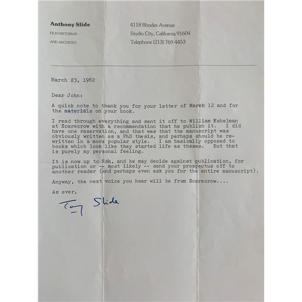 Anthony Slide Signed Letter