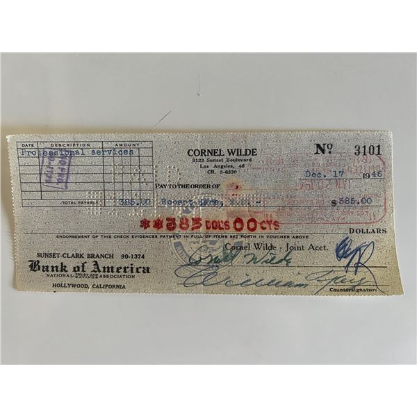 Cornel Wilde signed check
