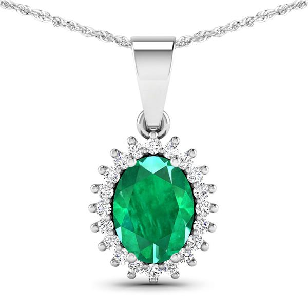 14KT White Gold 1.1ctw Zambian Emerald and Diamond Pendant