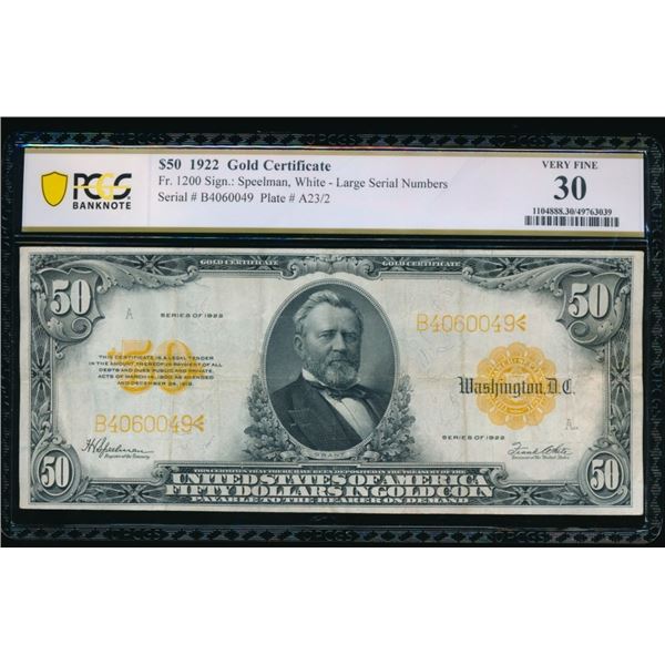 1922 $50 Gold Certificate PCGS 30