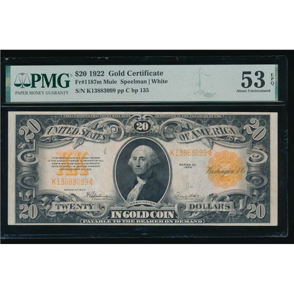 1922 $20 Gold Certificate PMG 53EPQ