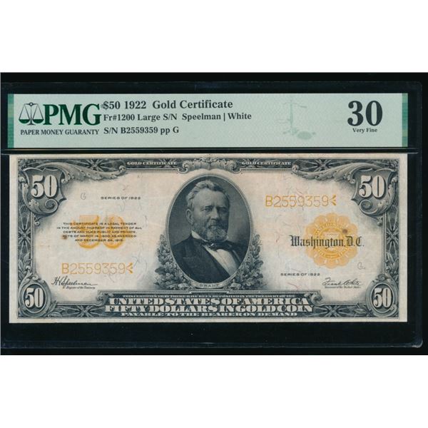 1922 $50 Gold Certificate PMG 30