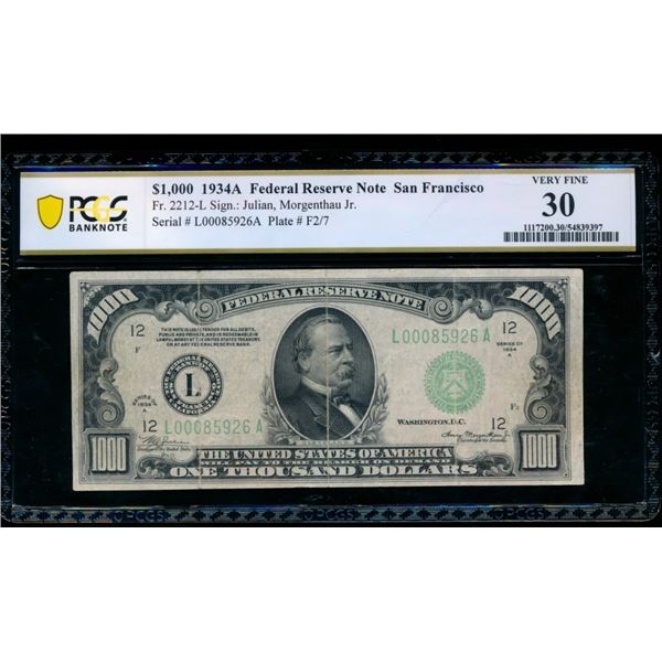 1934A $1000 San Francisco FRN PCGS 30
