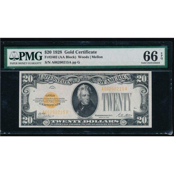 1928 $20 Gold Certificate PMG 66EPQ