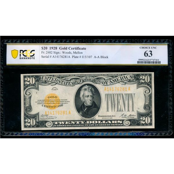 1928 $20 Gold Certificate PCGS 63