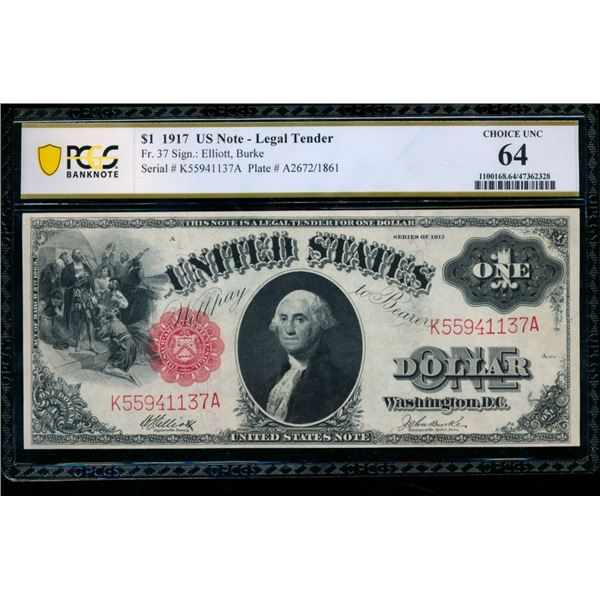 1917 $1 Legal Tender Note PCGS 64