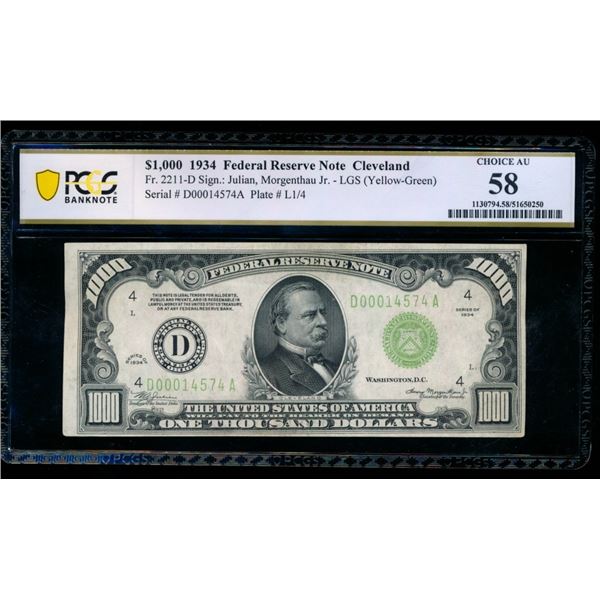 1934 $1000 Cleveland FRN PCGS 58