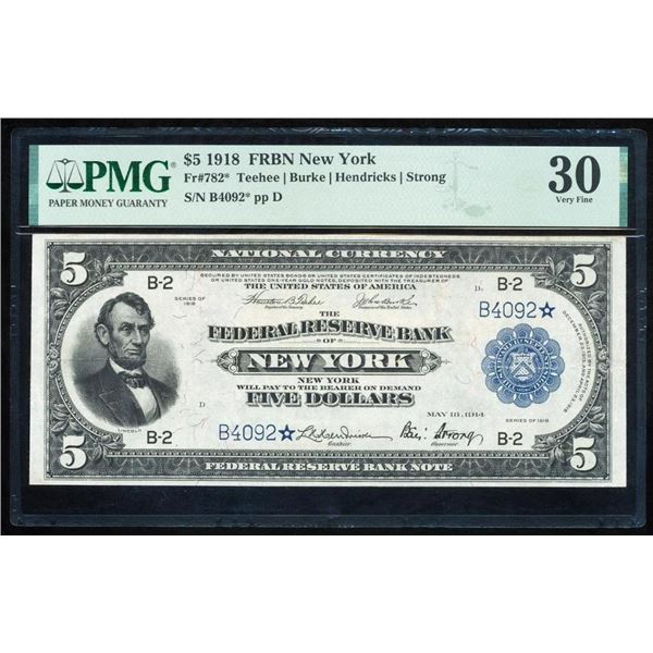 1918 $5 STAR New York FRBN PMG 30