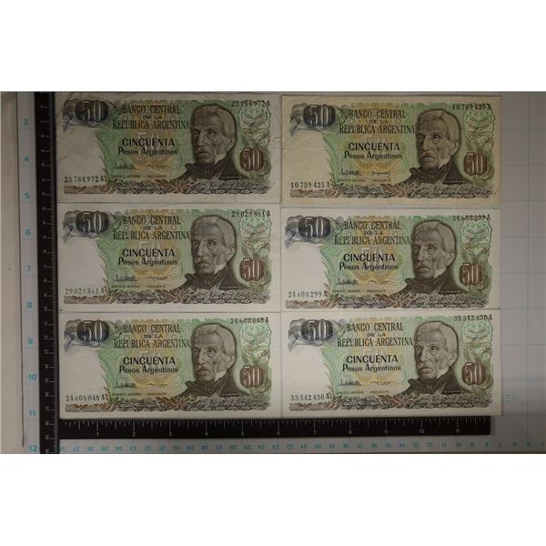6-ARGENTINA 50 PESO BANKNOTES COLORIZED