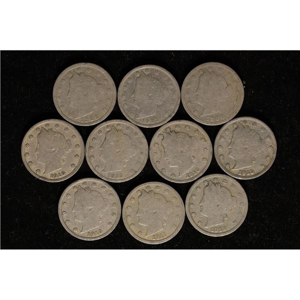 10-LIBERTY "V" NICKELS: 1906-1912