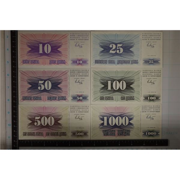 SET OF 6-CRISP UNC 1992 BOSNIA & HERZEGOVINA NOTES