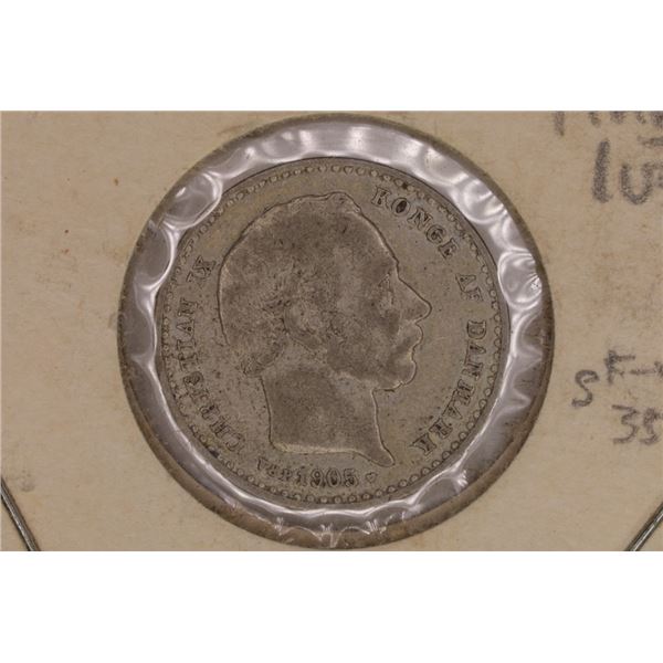 1905 DENMARK SILVER 25 ORE .0467 OZ. ASW