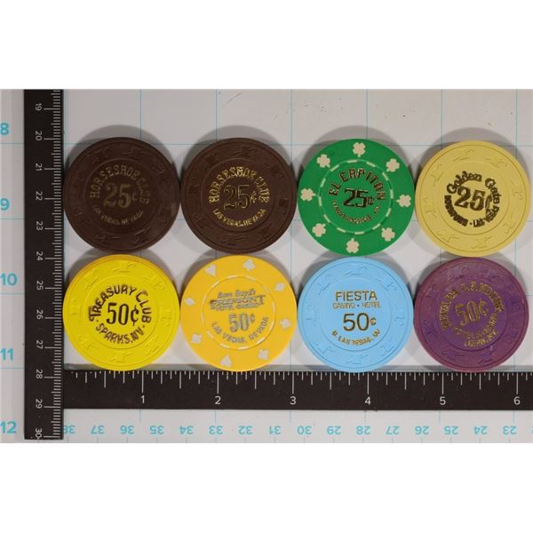 8-PLASTIC CASINO GAMING TOKENS: 4-25 CENT AND
