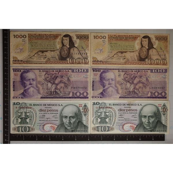 6-MEXICO BILLS: 2-CRISP UNC 10 PESOS (1975 & 77),