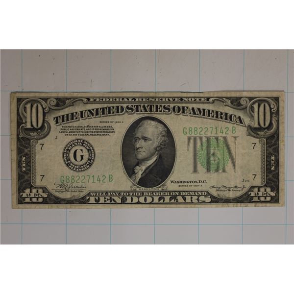 1934-A US $10 FRN GREEN SEAL XF+