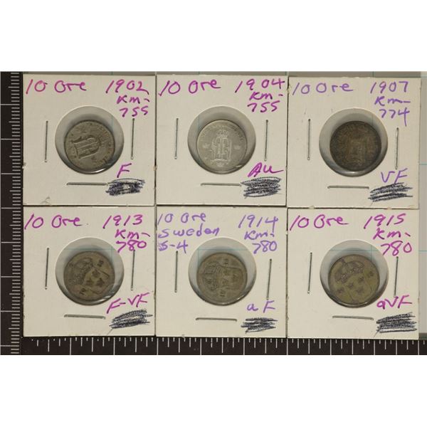 1902, 04, 07, 13, 14 & 1915 SWEDEN SILVER 10 ORE