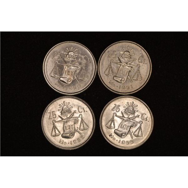 1950, 51, 52 & 1953 MEXICO SILVER 25 CENTAVOS