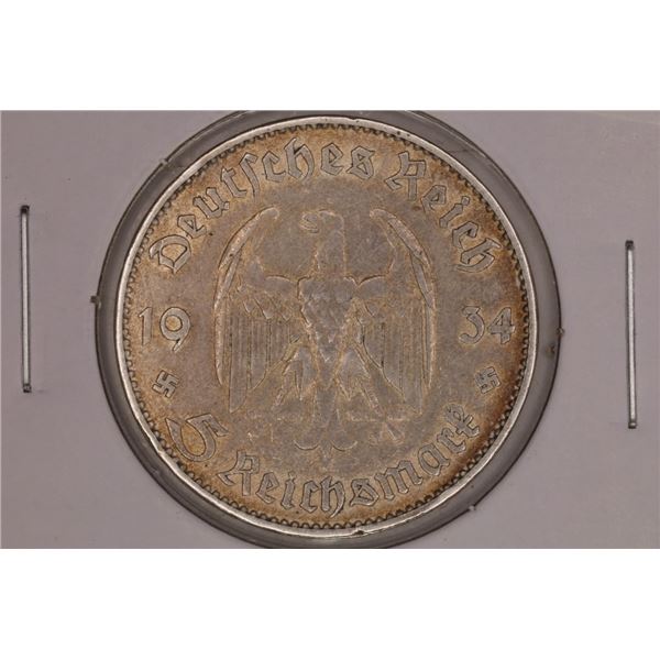1934 GERMAN SILVER 5 MARK .4016 OZ. ASW WITH