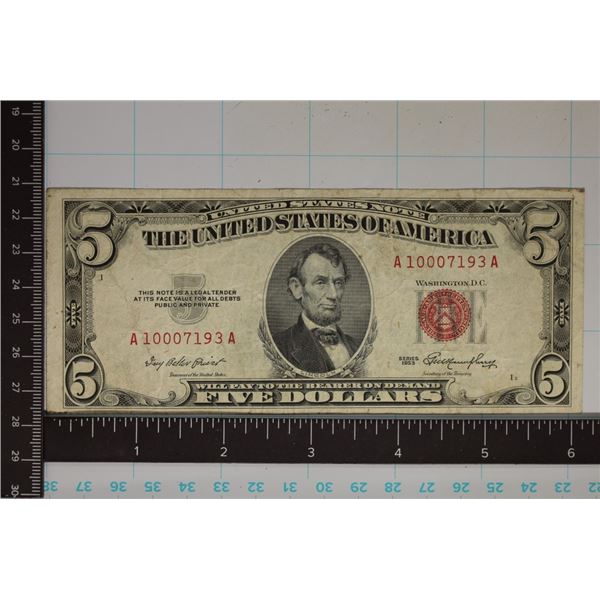 1953 US $5 RED SEAL NOTE STAINING ON THE REVERSE