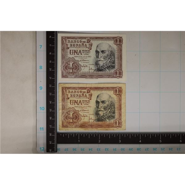 2-1953 SPANISH 1 PESETA BILLS: 1 CRISP UNC AND