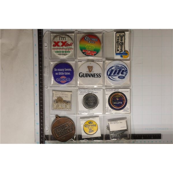12-LIQOUR OR BEER COLLECTIBLE PINBACK, BOTTLE TAGS