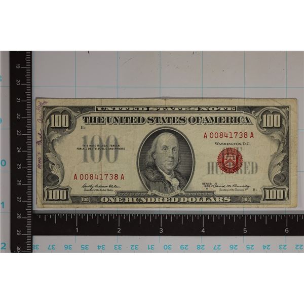 1966-A US $100 RED SEAL NOTE INK ON LEFT OBVERSE