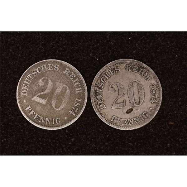 2-1874 GERMAN SILVER 20 PFENNIG .0642 OZ. ASW