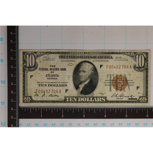 1929 US $10 BANK OF ATLANTA, GA NATIONAL CURRENCY