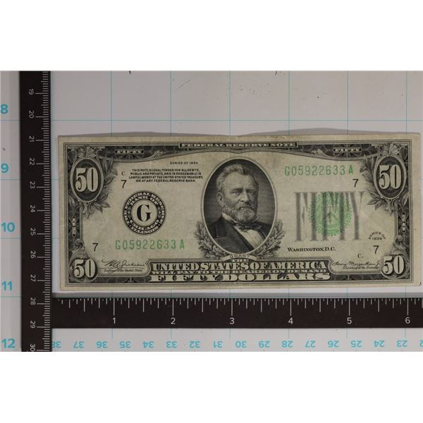 1934 US GREEN SEAL $50 NOTE DECENT SHAPE FOR