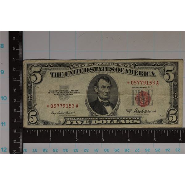 1953-A STAR NOTE US RED SEAL $5 NOTE