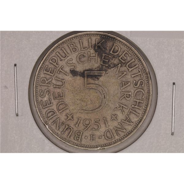 1951-F GERMAN SILVER 5 MARK .2251 OZ. ASW