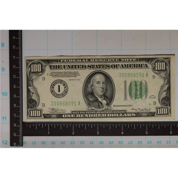 1934 US $100 GREEN SEAL FRN AU, CLEAN PAPER