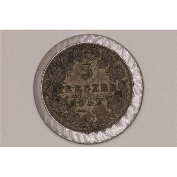 1852 GERMAN BAVARIA SILVER 3 KRUEZER .0139 OZ. ASW