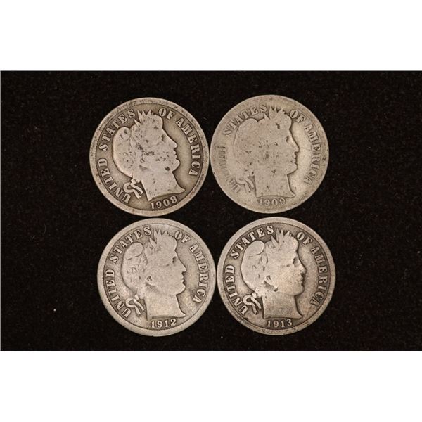 1908, 09, 12-D & 1913 SILVER BARBER DIMES