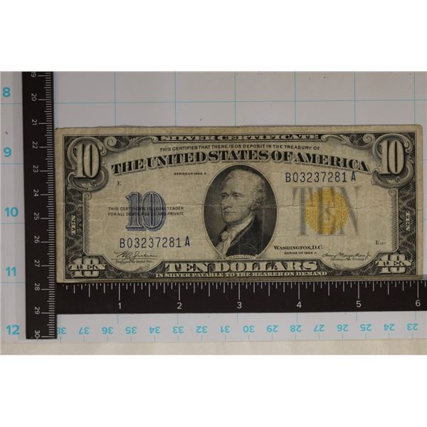 1934-A US $10 YELLOW SEAL NORTH AFRICA SILVER CERT