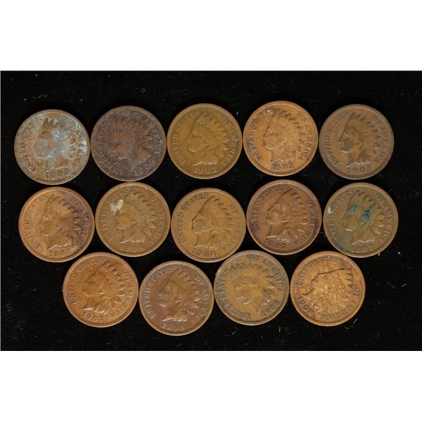 14 INDIAN HEAD CENTS:1902-1908. TWO WITH FULL LIB.