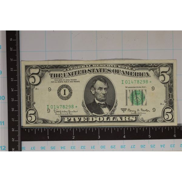 1963-A US $5 STAR NOTE GREEN SEAL FRN CRISP AU