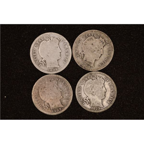 1899-O, 1906, 07-S & 1913 SILVER BARBER DIMES