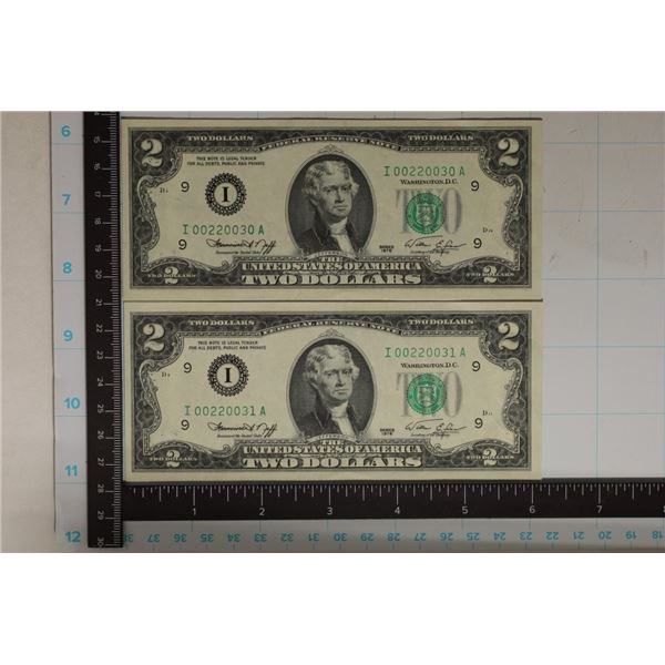 2-1976 US $2 GREEN SEAL CU $2 BILLS WITH