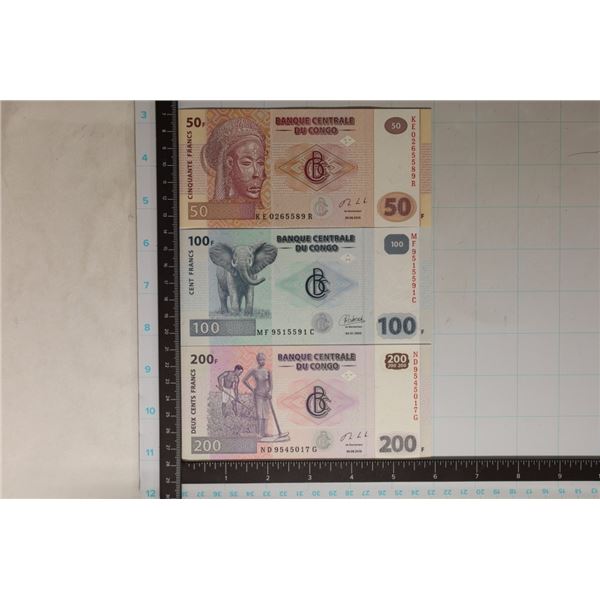 3-CRISP UNC CONGO BILLS: 50, 100 & 200 FRANCS