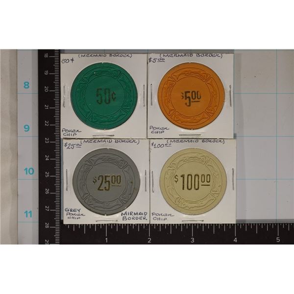 4 PLASTIC CASINO CHIPS WITH MERMAID BORDERS