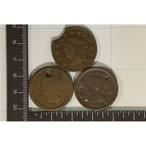 3 ALTERED US LARGE CENTS: 1833 CLIPPED, 1843