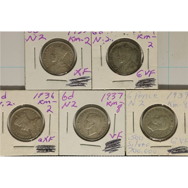 1933, 34, 36, 37 & 1939 NEW ZEALAND SILVER 6 PENCE
